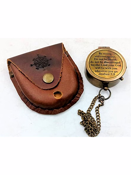 Antique Nautical Vintage Directional Magnetic Compass with Famous Scripture Quote Engraved Baptism Gifts with Leather Case for Loved Ones, Son, Father, Love (Be Strong)-1