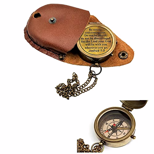 Antique Nautical Vintage Directional Magnetic Compass with Famous Scripture Quote Engraved Baptism Gifts with Leather Case for Loved Ones, Son, Father, Love (Be Strong) image 4