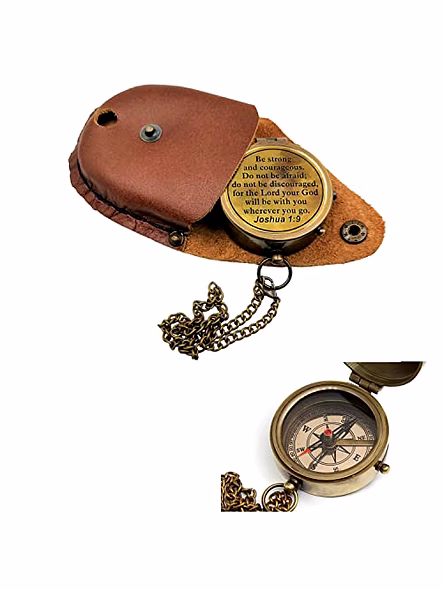 Antique Nautical Vintage Directional Magnetic Compass with Famous Scripture Quote Engraved Baptism Gifts with Leather Case for Loved Ones, Son, Father, Love (Be Strong)-3