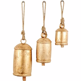 qarzun metal tibetan inspired meditation decorative cow bell with jute hanging rope, set of 3 10",8",6" h, gold
