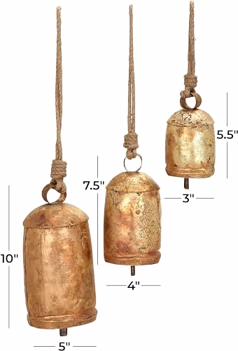Metal Tibetan Inspired Meditation Decorative Cow Bell with Jute Hanging Rope, Set of 3 10",8",6" H, Gold image 2
