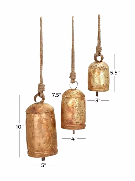 Metal Tibetan Inspired Meditation Decorative Cow Bell with Jute Hanging Rope, Set of 3 10",8",6" H, Gold