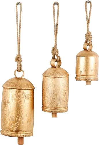 Metal Tibetan Inspired Meditation Decorative Cow Bell with Jute Hanging Rope, Set of 3 10",8",6" H, Gold image 4