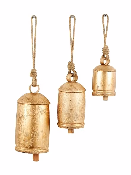 Metal Tibetan Inspired Meditation Decorative Cow Bell with Jute Hanging Rope, Set of 3 10",8",6" H, Gold-3