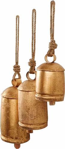 Metal Tibetan Inspired Meditation Decorative Cow Bell with Jute Hanging Rope, Set of 3 10",8",6" H, Gold image 5