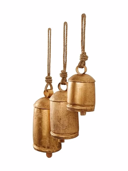 Metal Tibetan Inspired Meditation Decorative Cow Bell with Jute Hanging Rope, Set of 3 10",8",6" H, Gold-4