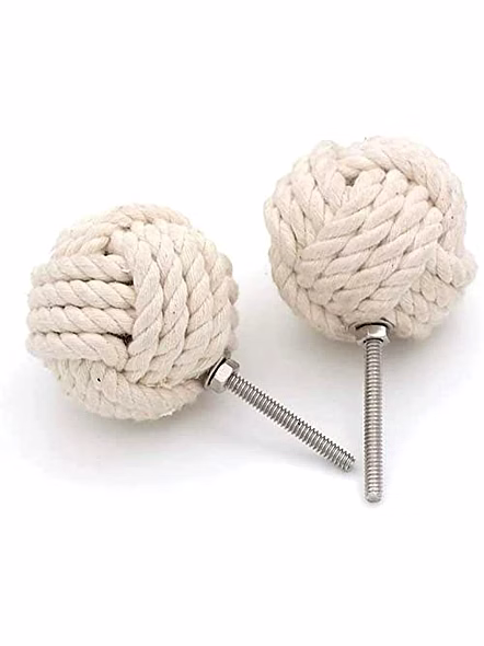 Set of 2 White Cotton Rope Door Knobs/Rope Knot Drawer Pulls and Knobs/Pull and Push Handle Knobs for Cabinets,-Qarzun1103