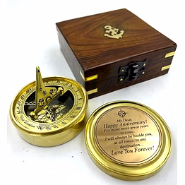 qarzun anniversary sundial compass gift for him or her - unique gift ideas for husband or wife, men wedding anniversary 50th 40th 25th 20th year celebration, wood box included - brass gold color
