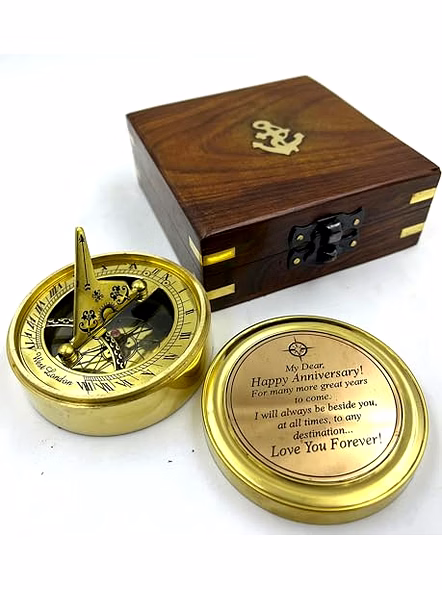 Anniversary Sundial Compass Gift for Him or Her - Unique Gift Ideas for Husband or Wife, Men Wedding Anniversary 50th 40th 25th 20th Year Celebration, Wood Box Included - Brass Gold Color