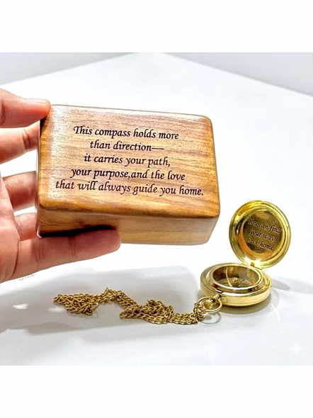 Personalized Golden Brass Compass with Wood Box Engraved Keepsake Gift-1