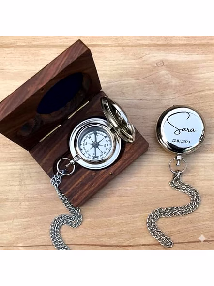 Personalized Silver Brass Compass Chain with Wood Box Engraved Keepsake Gift-Qarzun1106