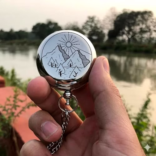 Personalized Silver Brass Compass Chain with Wood Box Engraved Keepsake Gift image 3