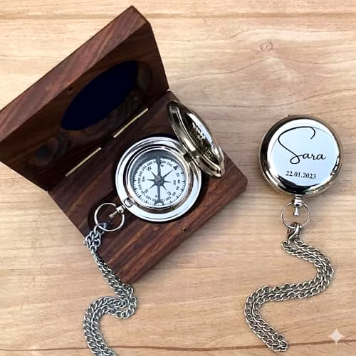 Personalized Silver Brass Compass Chain with Wood Box Engraved Keepsake Gift image 4