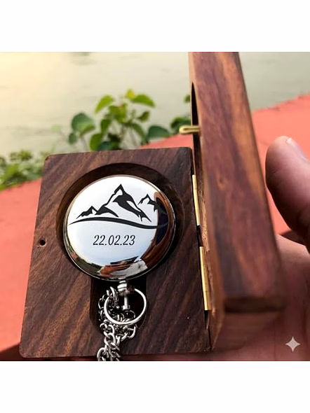 Personalized Silver Brass Compass Chain with Wood Box Engraved Keepsake Gift-4