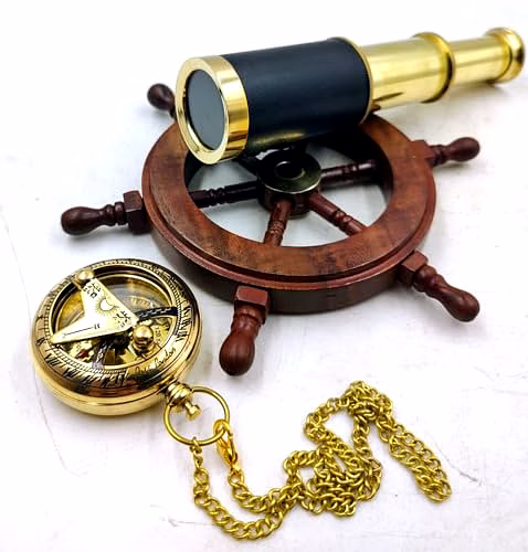 qarzun set of 3 miniatures brass sundial pocket compass nautical teleascope wood ship wheel mini nautical gift set