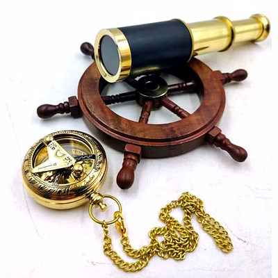 qarzun set of 3 miniatures brass sundial pocket compass nautical teleascope wood ship wheel mini nautical gift set