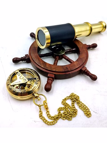 Set of 3 Miniatures Brass Sundial Pocket Compass Nautical Teleascope Wood Ship Wheel Mini Nautical Gift Set-Qarzun1108