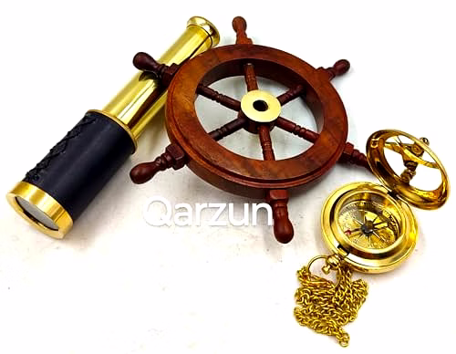 Set of 3 Miniatures Brass Sundial Pocket Compass Nautical Teleascope Wood Ship Wheel Mini Nautical Gift Set image 2