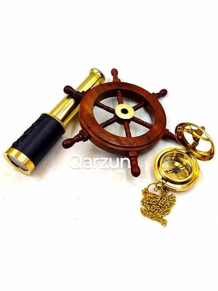 Set of 3 Miniatures Brass Sundial Pocket Compass Nautical Teleascope Wood Ship Wheel Mini Nautical Gift Set-1