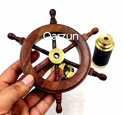 Set of 3 Miniatures Brass Sundial Pocket Compass Nautical Teleascope Wood Ship Wheel Mini Nautical Gift Set image 3