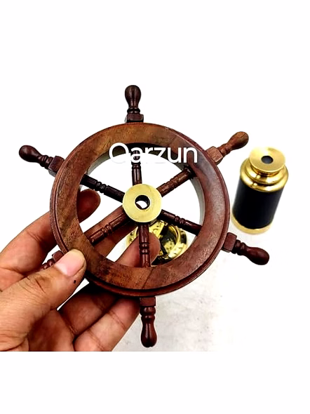 Set of 3 Miniatures Brass Sundial Pocket Compass Nautical Teleascope Wood Ship Wheel Mini Nautical Gift Set-2