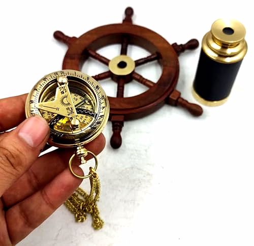 Set of 3 Miniatures Brass Sundial Pocket Compass Nautical Teleascope Wood Ship Wheel Mini Nautical Gift Set image 5