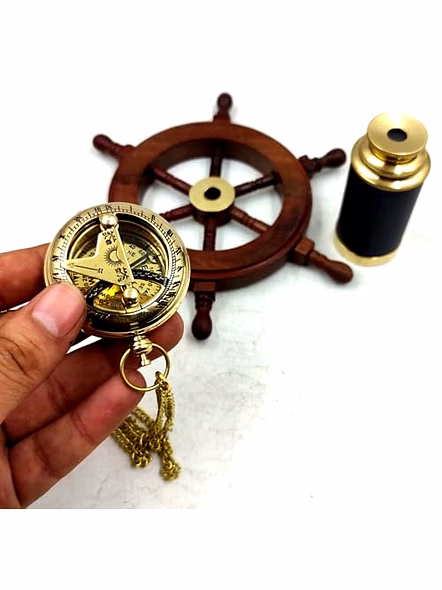 Set of 3 Miniatures Brass Sundial Pocket Compass Nautical Teleascope Wood Ship Wheel Mini Nautical Gift Set-4