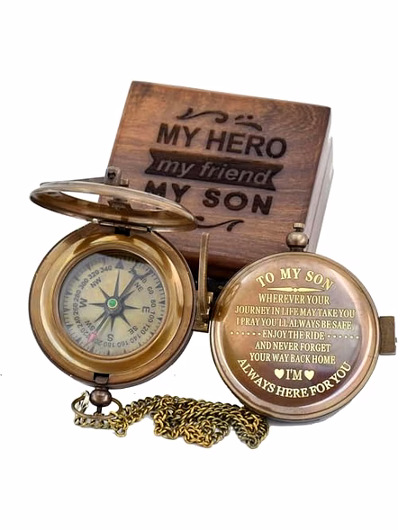 Personalized Brass Antique Pocket Sundial Compass with Chain and Personalized Wood Box Nautical Anniversary Birthday Gift for Your Loved Ones-Qarzun1117