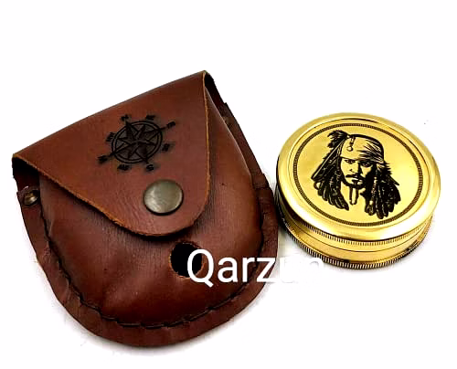 Brass Jack Sparrow Face Compass with Leather case Collectible Desktop Decorative image 2