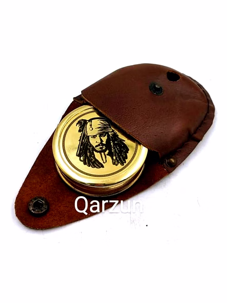 Brass Jack Sparrow Face Compass with Leather case Collectible Desktop Decorative-2