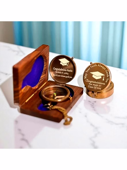 Personalized Brass Antique Pocket Compass Chain with Personalized Wood Box Brass Nautical Birthday Gift for Your lovedones-Qarzun1121