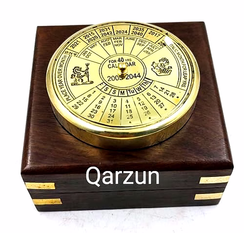 qarzun small brass calendar collectible 40yrs paper weight with wood box gift