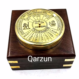 qarzun small brass calendar collectible 40yrs paper weight with wood box gift
