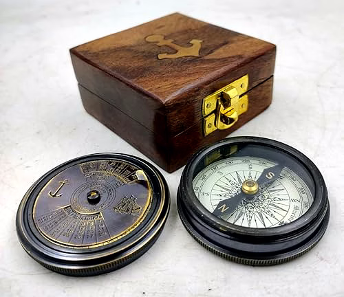 qarzun antique style brass 100 yrs calendar compass collectible with wood box gift