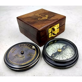qarzun antique style brass 100 yrs calendar compass collectible with wood box gift