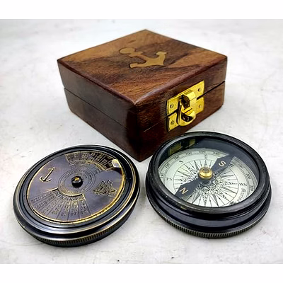 qarzun antique style brass 100 yrs calendar compass collectible with wood box gift