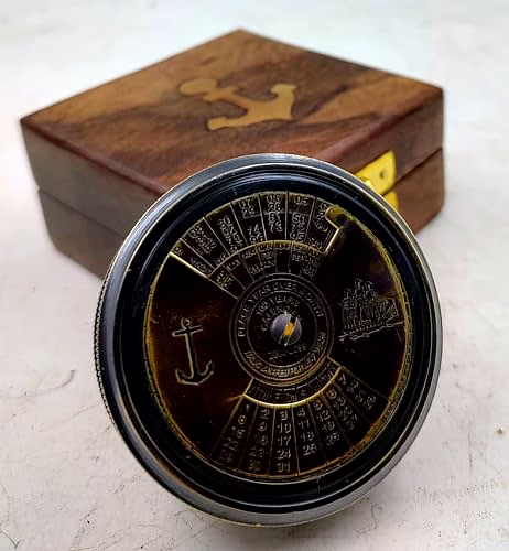 Antique Style Brass 100 Yrs Calendar Compass Collectible with Wood Box Gift image 2