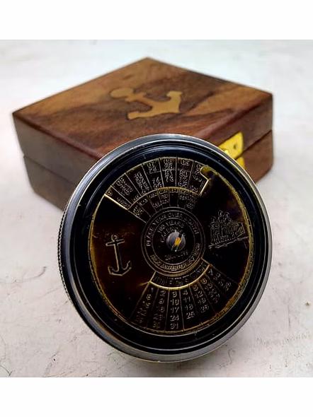 Antique Style Brass 100 Yrs Calendar Compass Collectible with Wood Box Gift