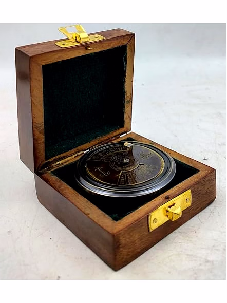 Antique Style Brass 100 Yrs Calendar Compass Collectible with Wood Box Gift-2
