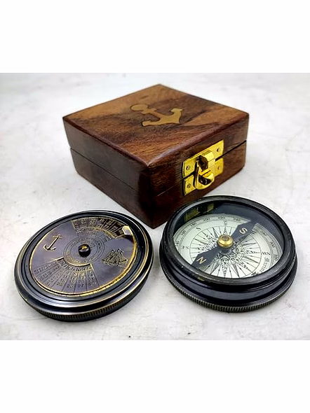 Antique Style Brass 100 Yrs Calendar Compass Collectible with Wood Box Gift-3