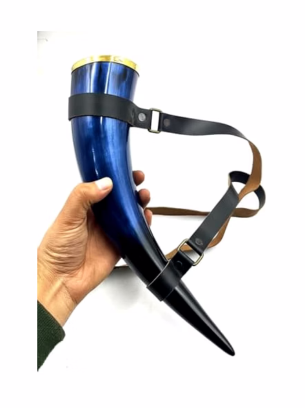 Blue Horn Mug, Beer Mug, Bar, Groomsmen Gift, Groomsman, Best Man, Game of Thrones (Horn Mug with Leather Belt)-1