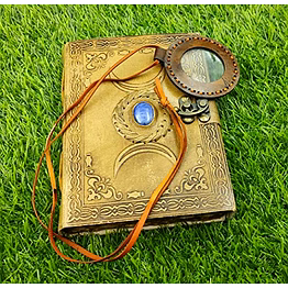 qarzun vintage leather grimoire journal - triple moon third eye stone journal with leather pendant magnifier- spell witch, book of shadows, best gifts for men women