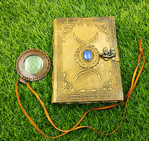 Vintage Leather grimoire Journal - Triple Moon Third Eye Stone Journal with Leather Pendant Magnifier- Spell Witch, Book of Shadows, Best Gifts for Men Women image 3