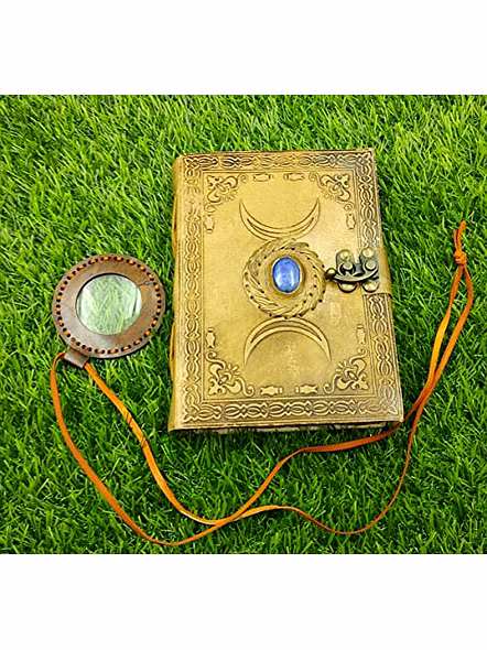 Vintage Leather grimoire Journal - Triple Moon Third Eye Stone Journal with Leather Pendant Magnifier- Spell Witch, Book of Shadows, Best Gifts for Men Women-2