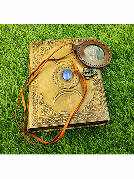 Vintage Leather grimoire Journal - Triple Moon Third Eye Stone Journal with Leather Pendant Magnifier- Spell Witch, Book of Shadows, Best Gifts for Men Women-3
