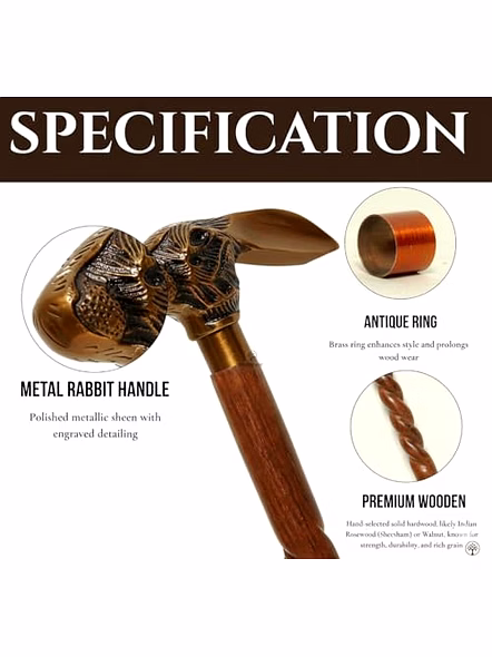 Wooden Walking Cane for Men – 36 Inch Vintage Stick with Rabbit Metal Handle, Elegant Mobility Aid for Seniors &amp; Decorative Gifting Accessory