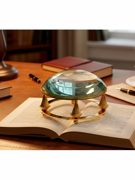 Vintage Brass Desk Magnifying Glass with Convex Lens – Nautical Decorative Desk Magnifier & Paperweight for Office, Study, Library