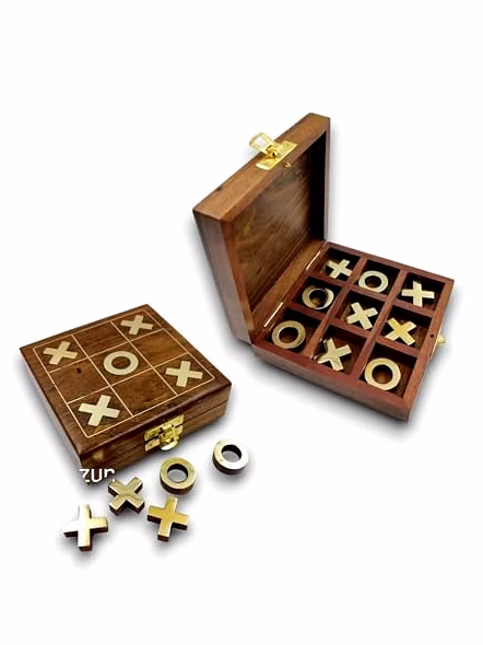 Wooden Tic Tac Toe Board Game Handmade Pure Rosewood Brass Work Noughts and Crosses Tic Tac Toe Board Wooden Zero Kata Game (Brown 1), Kids-Qarzun1143