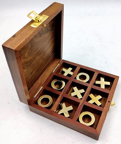 Wooden Tic Tac Toe Board Game Handmade Pure Rosewood Brass Work Noughts and Crosses Tic Tac Toe Board Wooden Zero Kata Game (Brown 1), Kids image 2