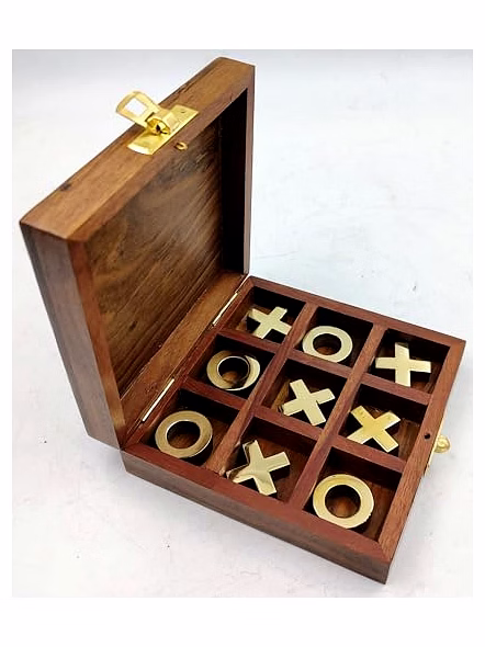 Wooden Tic Tac Toe Board Game Handmade Pure Rosewood Brass Work Noughts and Crosses Tic Tac Toe Board Wooden Zero Kata Game (Brown 1), Kids-1